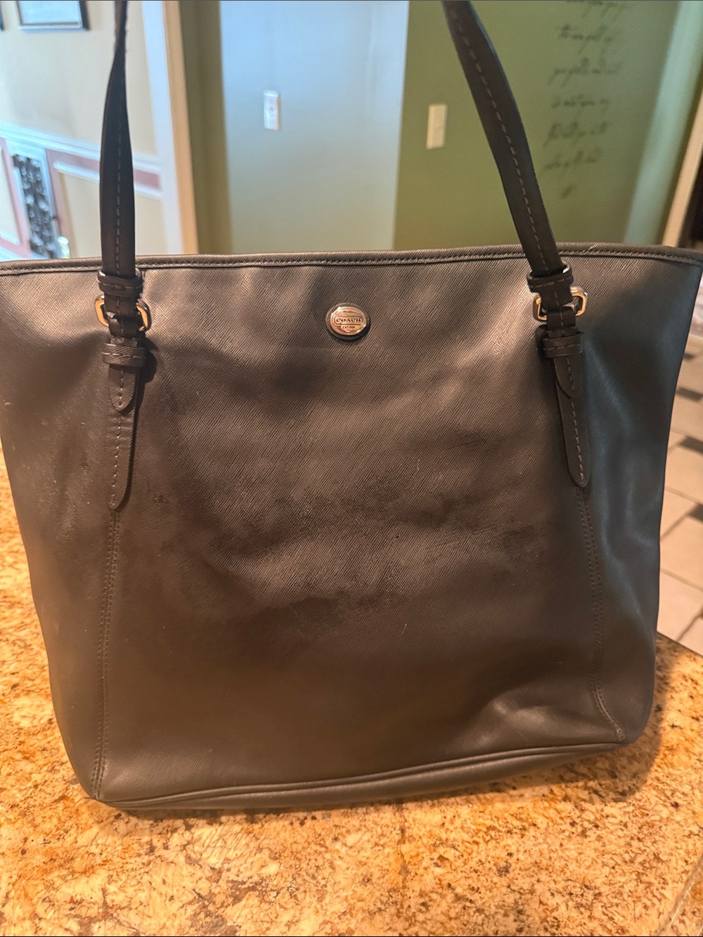 Coach Black Leather Tote with Gold Accent